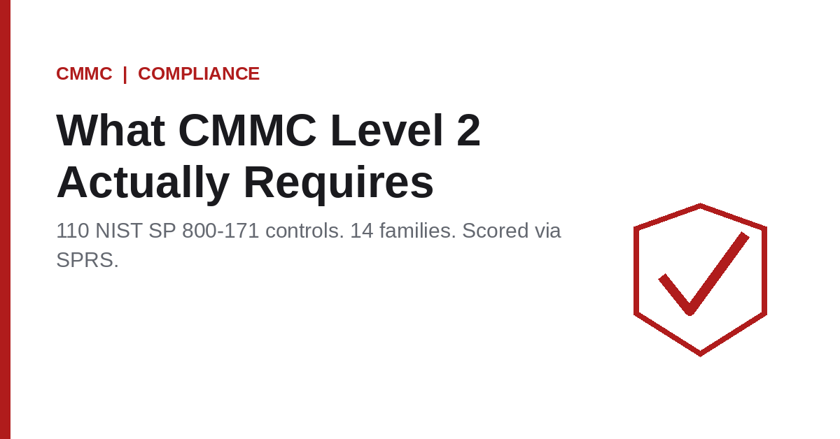 Shield with checkmark icon next to the headline "What CMMC Level 2 Actually Requires," representing NIST SP 800-171 compliance