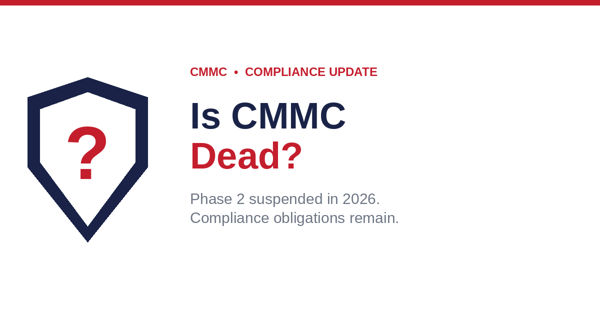 Shield icon with a question mark next to the text "Is CMMC Dead?" illustrating the 2026 CMMC Phase 2 suspension compliance update